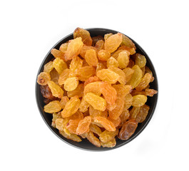 Dried raisins isolated on white background.