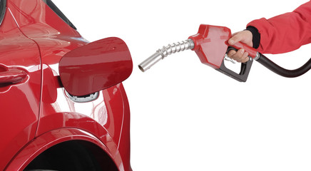Gasoline pistol pump gun fuel nozzle and car on gas station