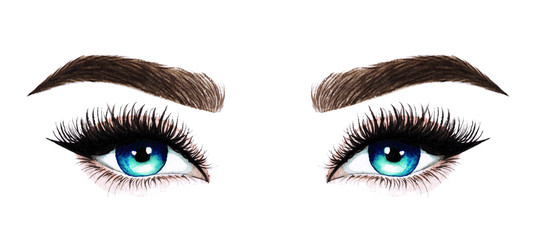 Woman eyes with long eyelashes. Hand drawn watercolor illustration. Eyelashes and eyebrows. Design for eyelash extensions, microblading, mascara, beauty salon, cosmetics, makeup artist. Blue eyes.