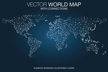 World map network with connections, global communication and business concept, telecommunication technology, internet of things (IoT), web and mobile phone data transfer connected, vector