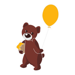 Illustration of a cute teddy bear holding a balloon and sweet honey. May be used for birthday cards or decoration.