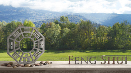 Wooden vintage table shelf with ba gua and 3d letters making the word feng shui with park meadow...