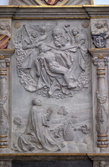 Epitaph to Cathedral provost Moritz von Hutten who died as the Bishop of Eichstatt and was buried there in Wurzburg Cathedral dedicated to Saint Kilian, Bavaria, Germany