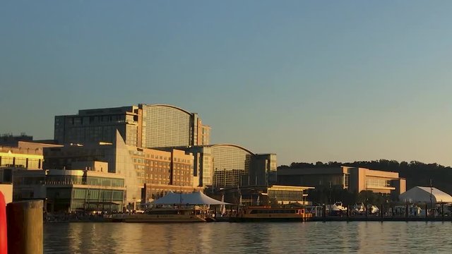 This footage is a time lapse of the National Harbor in Oxon Hill, Maryland. It was filmed during the golden hour to capture the nice sunset colors.