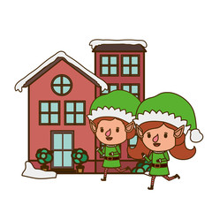 couple of elves with house isolated icon