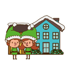 couple of elves with house isolated icon