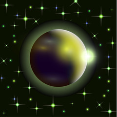 Abstract universe with planets and bright stars. Effects of halo light on a dark background, flashes of light. Vector space illustration.