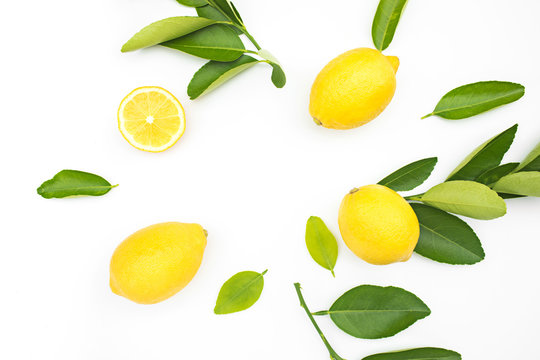 Top view of lemon and leaves on white color background.concepts ideas of fruit,vegetable.healthy eating