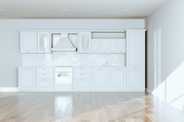 Beautiful Classic Kitchen in new Luxury Home with  Hardwood Floors, White Walls and Vintage Appliances 3d render