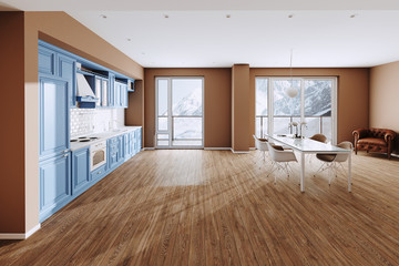 Blue Classic Kitchen and Dining Room in new Luxury Home with  Hardwood Floors, and Stainless Steel Appliances 3d render