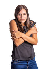 young woman with cold on a white background