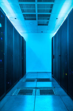 Server room with blue light in a data center