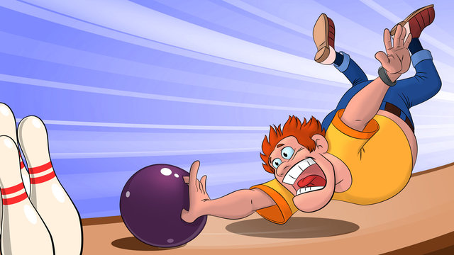 a man in a yellow t-shirt throws a bowling ball and falls on the playing track, a man playing bowling on a blue background