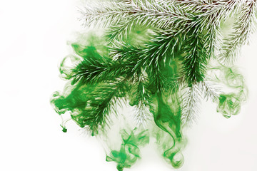 water color white background acrylic inside water green UFO smoke steam frost haze snow spruce branch needles christmas tree winter