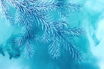 water color white background acrylic inside water smoke steam frost snow branch needles christmas tree winter blue frozen watercolor turquoise