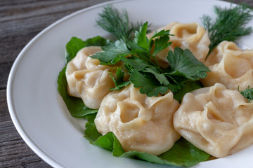 Healthy food. Vegetarian pumpkin mantas on a white plate, decorated with dill and parsley.