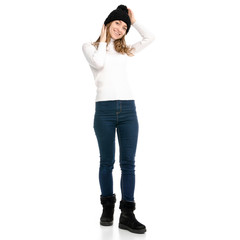 Beautiful woman in sweater jeans hat cold showing of positive emotions smile on white background isolation back view