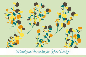 Eucalyptus Vector. Decorative Vector Leaves and Branches. Elegant Foliage. Beautiful Floral Element for Wedding Design. Tropical Plants. Flowers Isolated and Eucalyptus Vector for Card, Invitation.