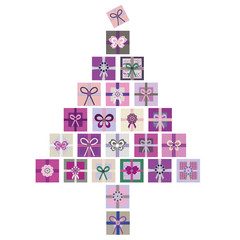 Purple, pink and green vector isolated illustration of Christmas tree made from stacks of presents. Great for Christmas projects, marketing, advertising, stationery