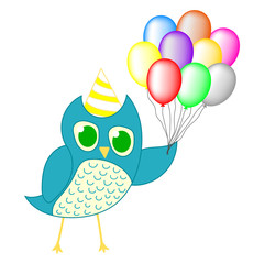 Cute Blue Owl with Balloons for Birthday Party Design isolated on white background. Vector Illustration for Your Design, Game, Card.