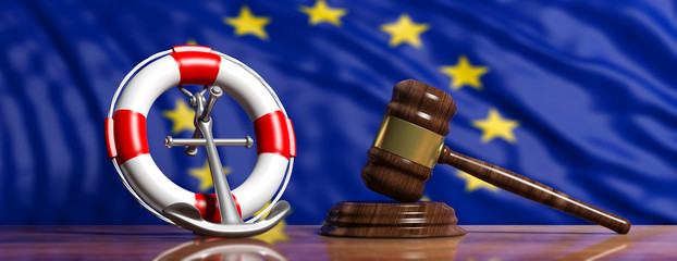 Lifebuoy, ship anchor and law gavel on European Union flag background, banner. 3d illustration