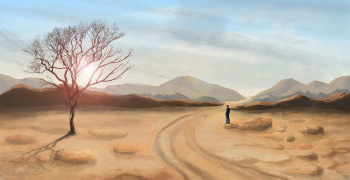 Young man standing and looking in desert landscape, digital painting