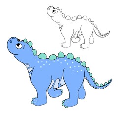 Cute blue dinosaur is standing and looking up on the white background, children`s coloring book, page, funny dino, vector line art, black color outline, kid`s illustration