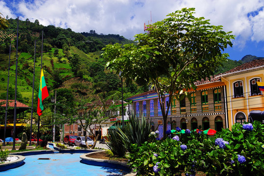 Street scene in Pijao, wellknown village in Colombia for coffee culture, South America