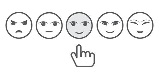 Five Gray Faces Feedback/Mood and hand. Iconic illustration of satisfaction level. Range to assess the emotions of your content.  Customer feedback. Excellent, good, normal, bad, awful. EPS10