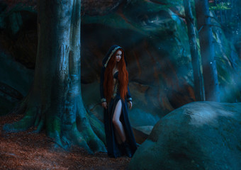 Red-haired attractive slender girl in a long dark blue dress, cloak with a hood and open chest and...