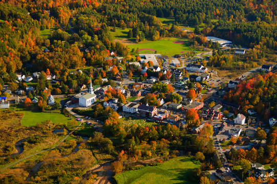 Aerial View Of Rural Vermont Town.