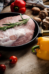 fresh meat on a wooden board. Steak, ribs polar bear, heel