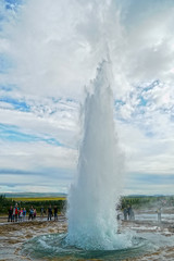 Haukadalur / Iceland - August 2010: Strokkur Geyser, located at Haukadalur valley, in eruption.