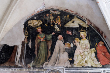 Adoration of the Magi, fresco in the cloister, Cathedral of Santa Maria Assunta i San Cassiano in...