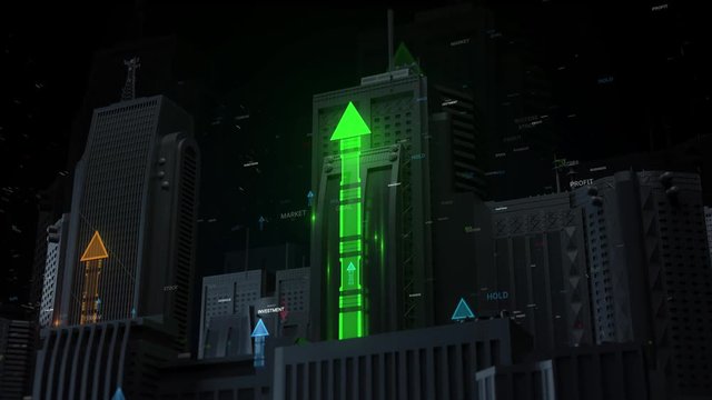 3d render background with vertical arrows among city skyscrappers. Financial concept. Stock and business words particles.