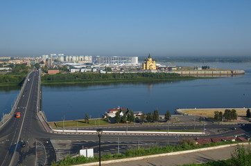 Panorama of Nizhny Novgorod city, Russia. Summer view of the Arrow - the confluence of the Oka and...