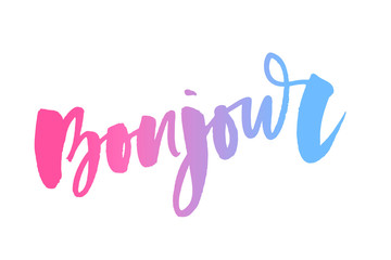 Vector poster calligraphy with Bonjour translation: Hello phrase abstract decor. Handdrawn brush elements in soft palette. Isolated typography card. Design lettering for t-shirt, sticker, print © 1emonkey