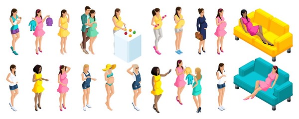 Quality Isometry, a large set of 3D girls pregnant, goes in for sports, eats properly, cares, buys things, walks