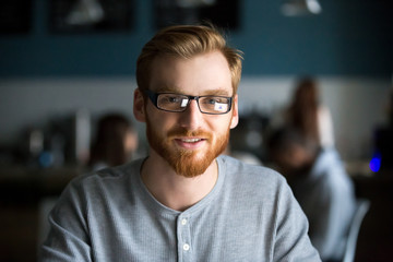 Portrait of smiling red haired millennial man looking at camera sitting in cafe or coffeeshop, happy young male in glasses posing for picture working at laptop or studying out in coffeehouse