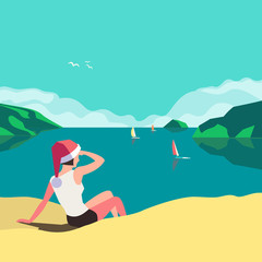 Winter holiday vacation concept. Retro poster in pop art style. Christmas season fun and rest. Happy girl in Santa hat on seaside beach coast. Vector new year tourist trips advertisement background