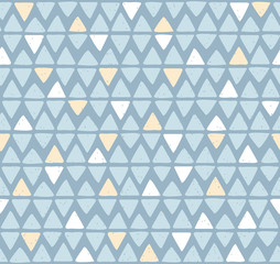 Seamless geometric pattern with hand drawn triangle. Simple vector illustration. Baby colored background in scandinavian style. 