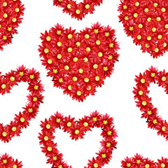 Watercolor seamless pattern for Valentine's day, hearts of chrysanthemum flowers.