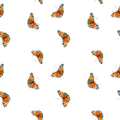 Seamless pattern of butterflies painted in watercolor.