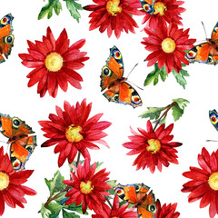 Seamless pattern of butterflies on the background of flowers painted in watercolor.