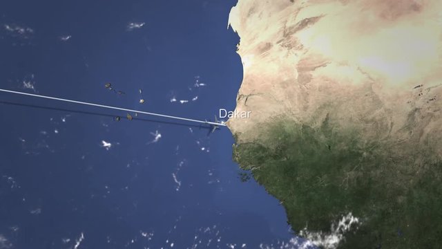 Airplane flying to Dakar, Senegal on the map. Intro 3D animation 