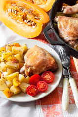 One-pot meal - chicken thighs and legs with potatoes and pumpkin
