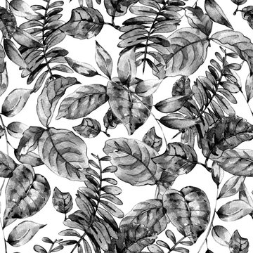 Watercolor seamless exotic pattern with tropical leaves,