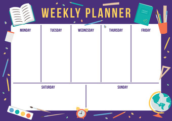 Cute weekly planner with hand drawn school elements. Template with place for notes. Vector illustration for print, office, school. - obrazy, fototapety, plakaty