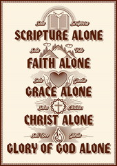 Christian poster. Five points of the foundation of Protestant theology "Five solas". Sola Scriptura, Sola Gratia, Solus Christus, Sola Fide, Soli Deo Gloria.