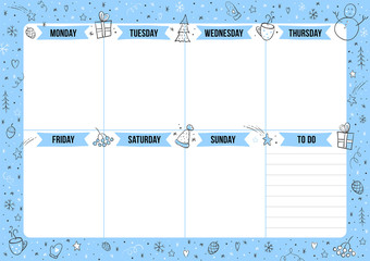 Winter weekly planner with doodle elements. Template with place for notes. Vector illustration for print, office, school.